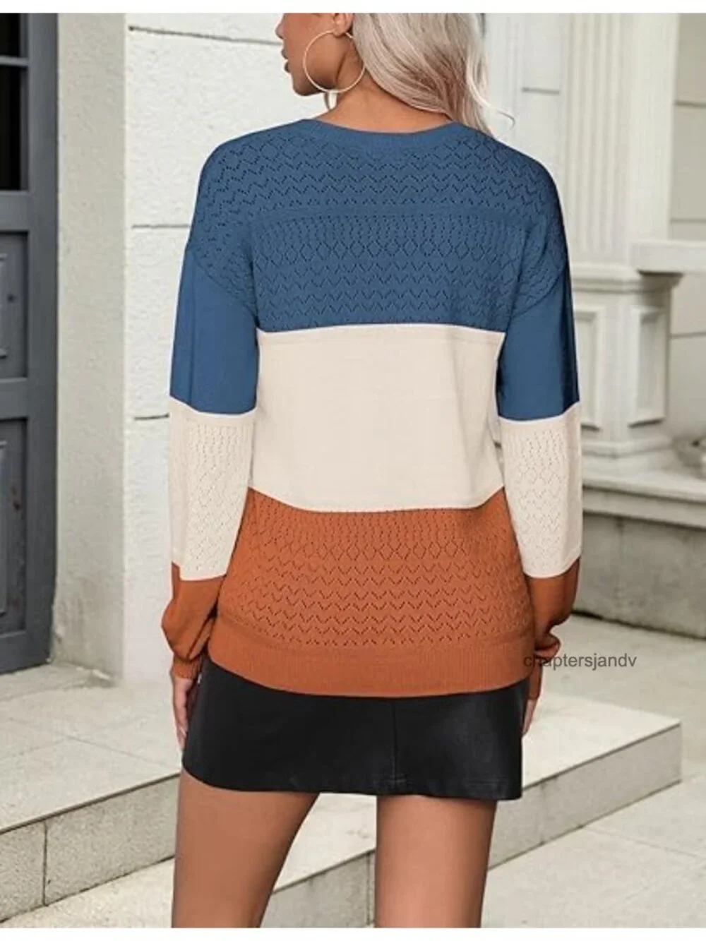 Women's V-Neck Crochet Knit Pullover Sweater Loose Fit Long Sleeve
